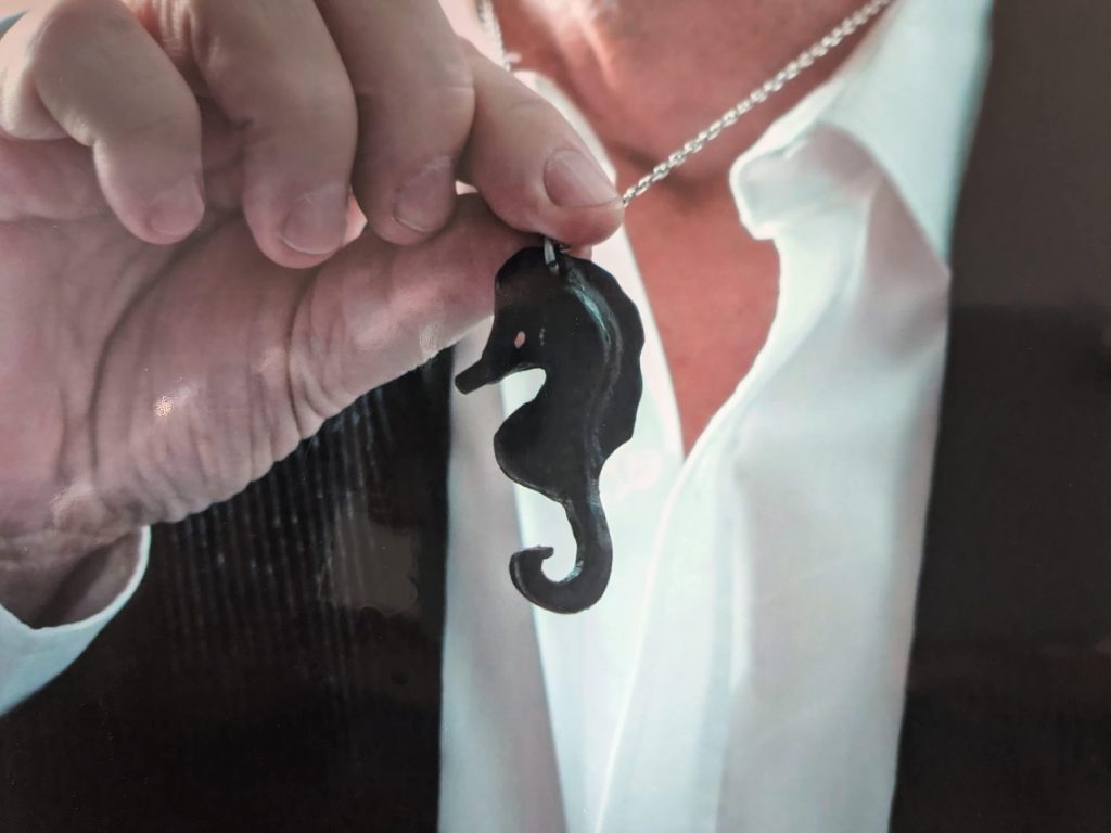 A close up of a hand holding a pendant in the shape of a seahorse, on a chain.