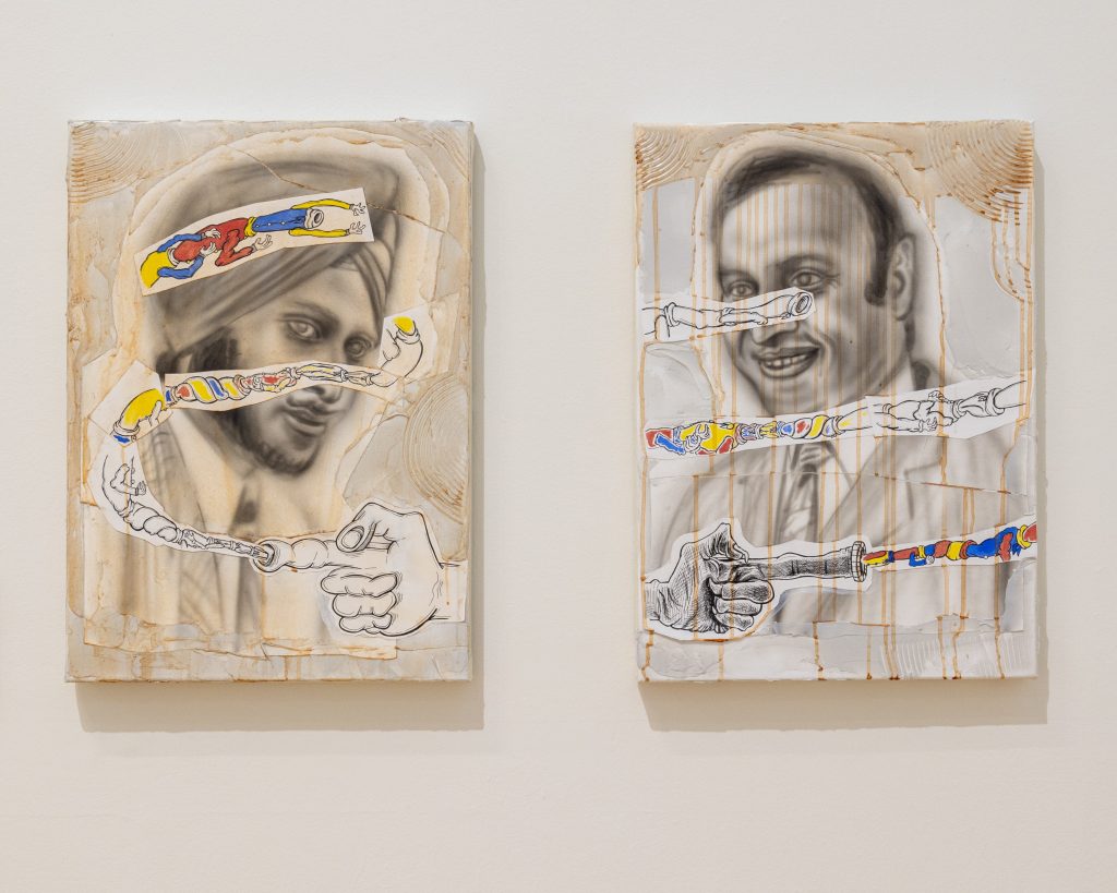 2 paintings side by side show the artisrts father airbrushed, then layered with paper collage and a scraped top layer glaze