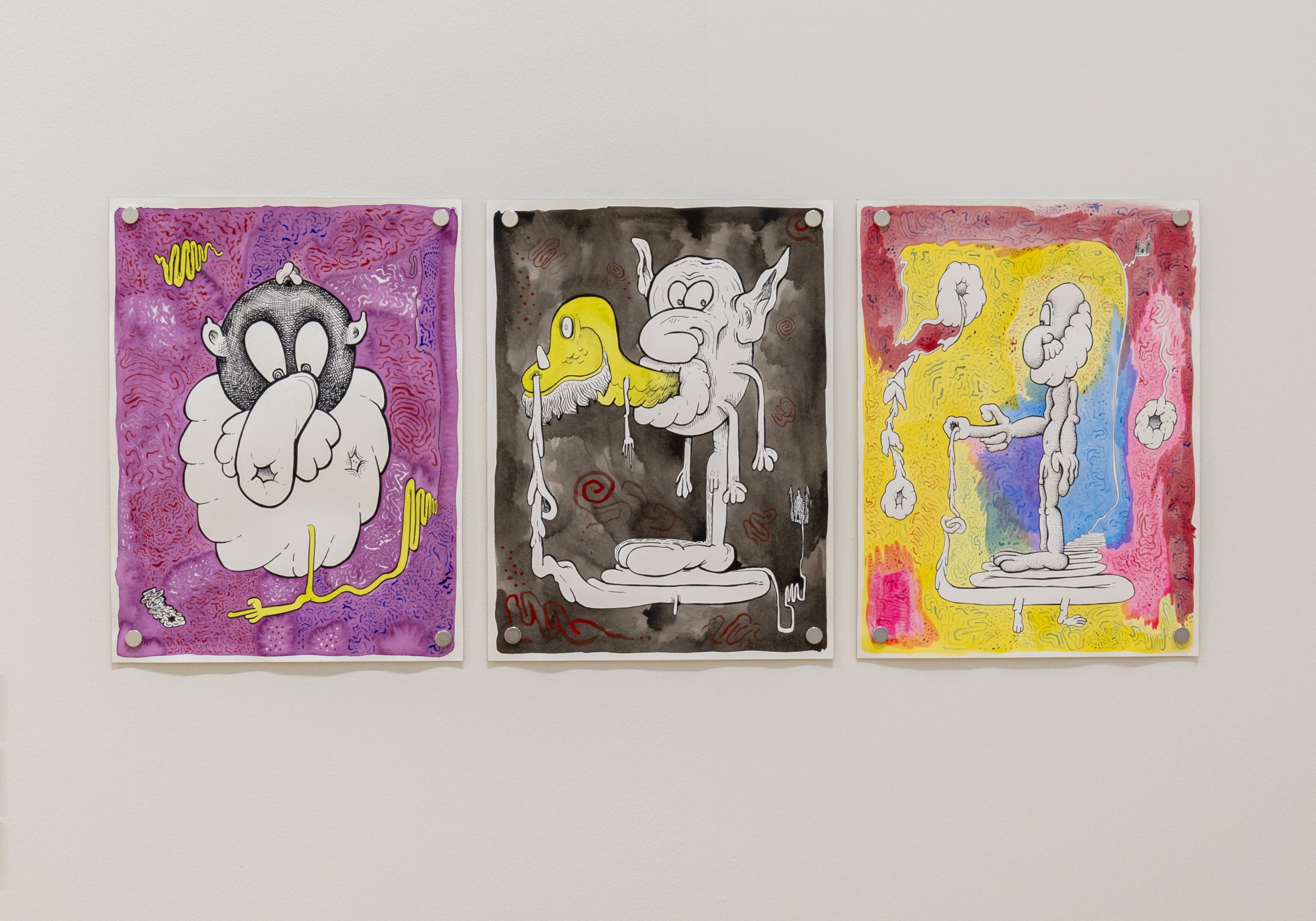 3 drawings depict wild cartoonish characters, each like a fantasy - the left hand drawing is mostly purple, the middle drawing is mostly black and the 3rd is rainbow coloured!