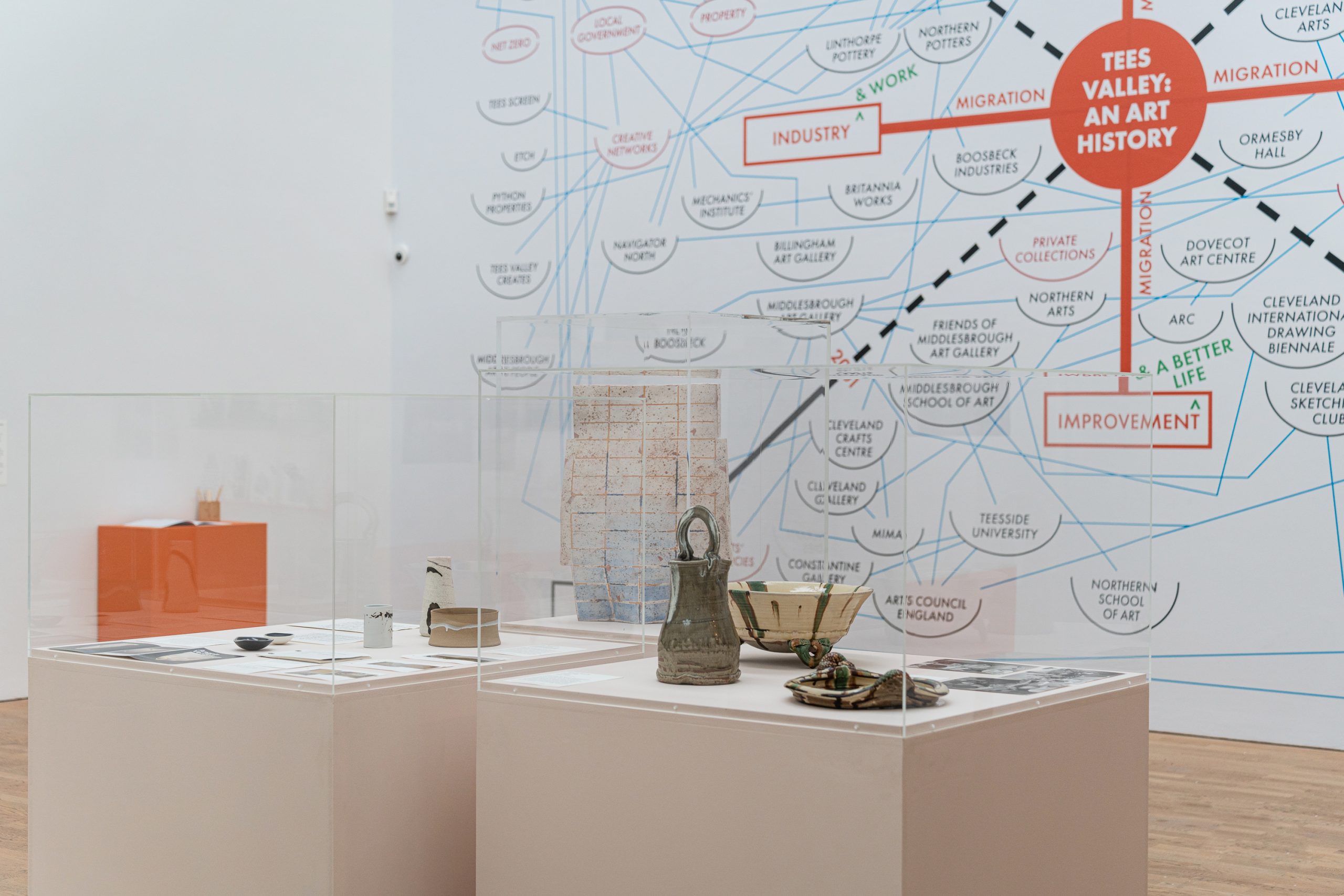 A close up on two vitrines with ceramic objects in them. On the wall behind a large mind map with the words Tees Valley: An Art History in the centre in an orange circle.