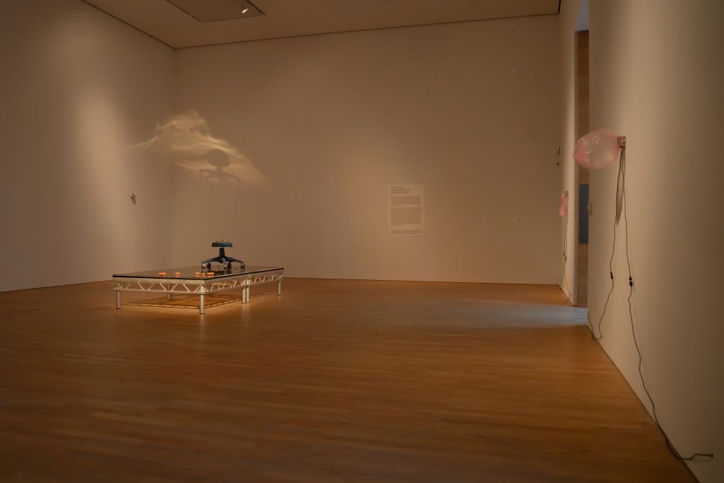 A gallery with white walls and lamiate floring. Dimly lit. A low level structure in the left corner. At the right a pink plastic bag is suspended on the wall.