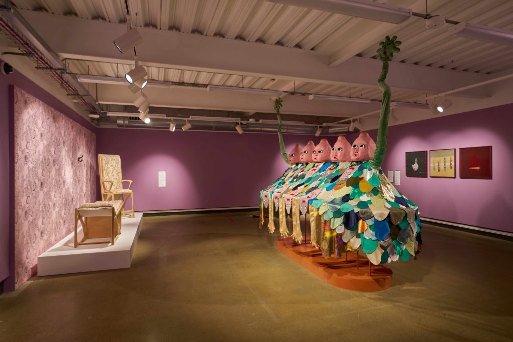Installation view, Material Worlds: Contemporary Artists and Textiles, Attenborough Arts Centre. A Hayward Gallery Touring exhibition. Photography © Reece Straw