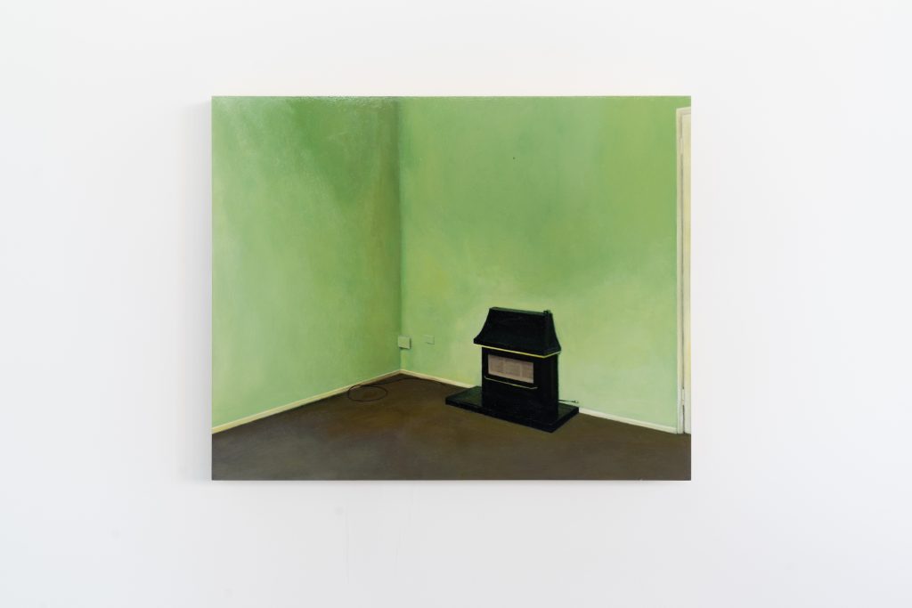 A small painting of an empty living room: olive green walls, brown carpet, a seventies gas fire.