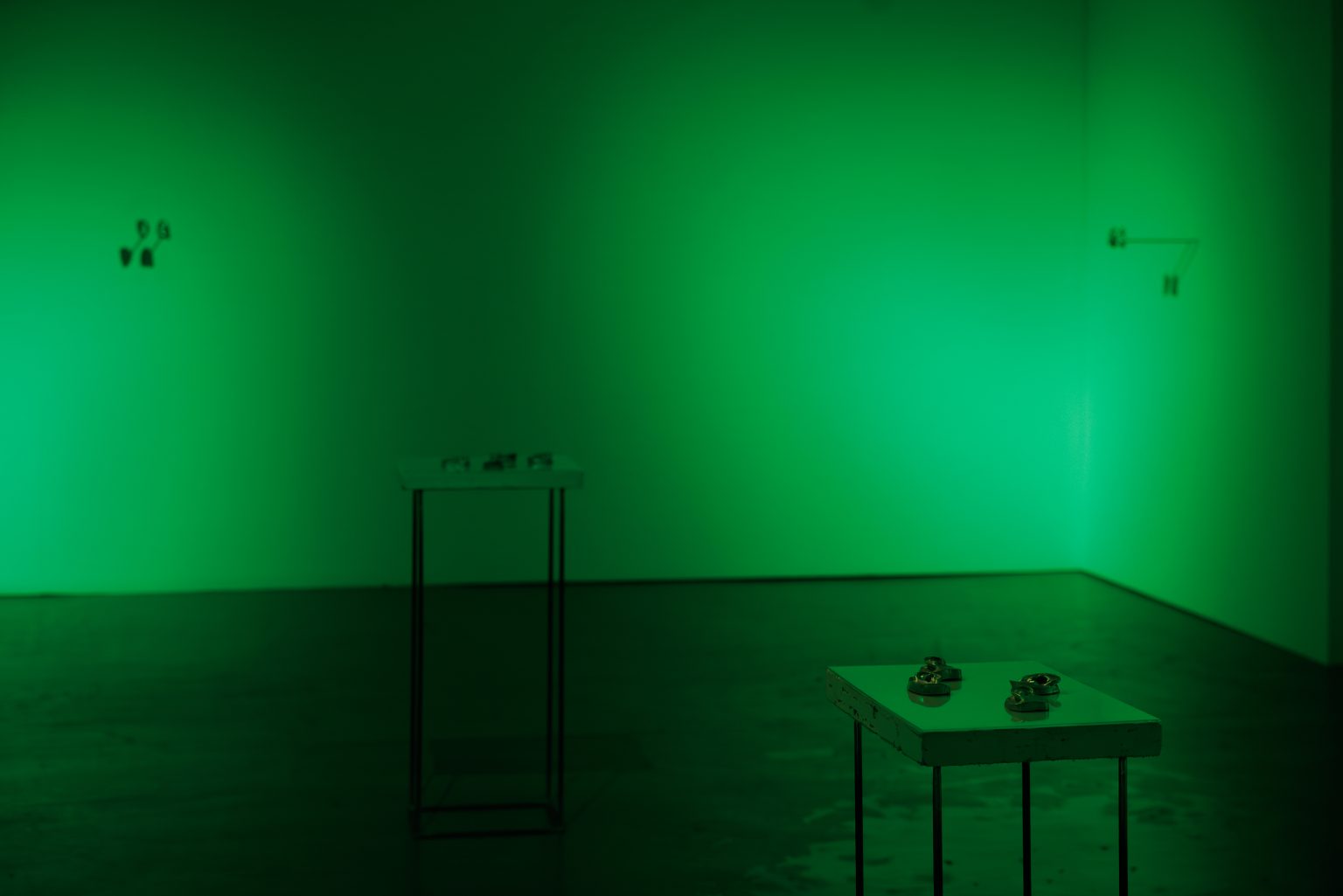A gallery is lit with fuzzy green lighting - pools of which highlight sculptures on the wall and floor