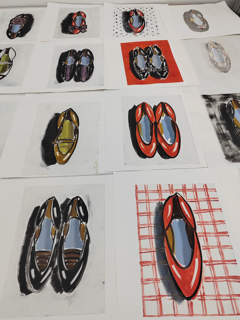 Drawings of shoes including dark brown brogues and bright red ballet pumps