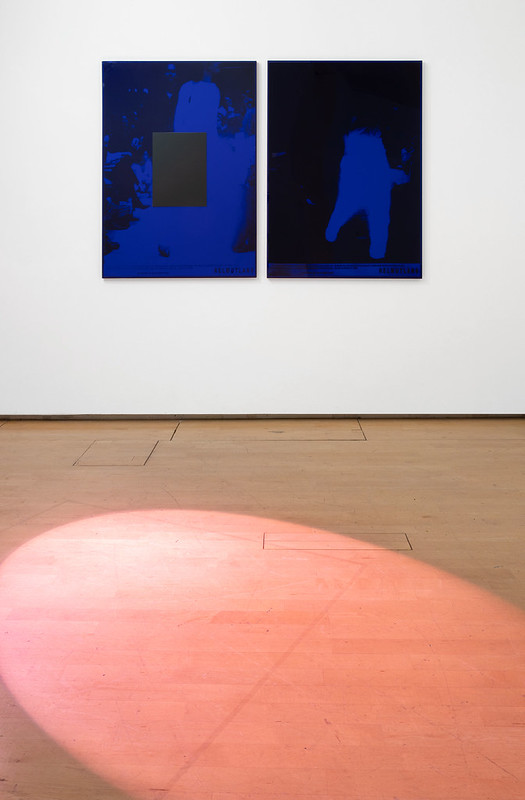Two black and royal blue images hang on a white gallery wall, showing blurred human forms. A pink spotlight is on the gallery floor. 
