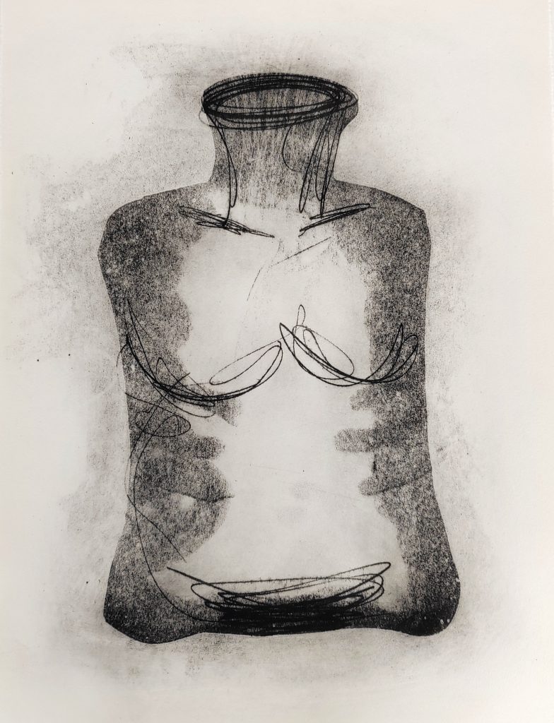 A black and white drawing of a human torso or a hot water bottle