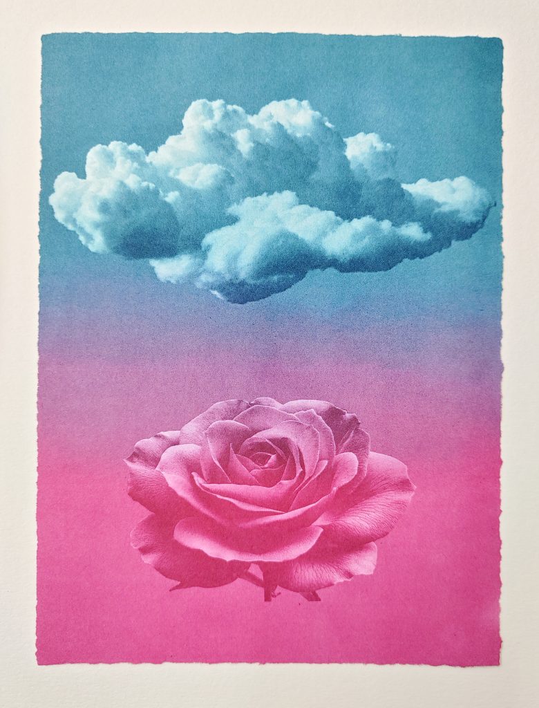 An image of a blue cloud at the top which fades into a pink flower at the bottom