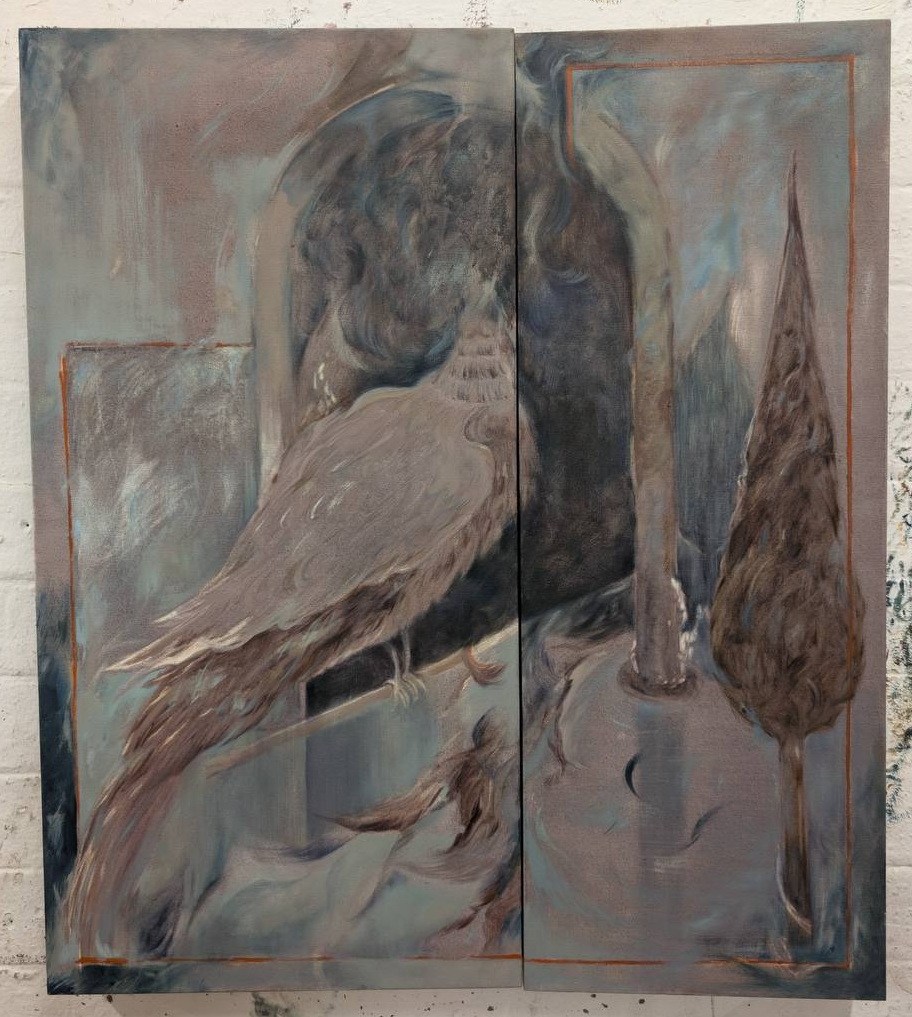 A portrait painting of deep greys, browns and shimmering blues with bird and tree-like forms