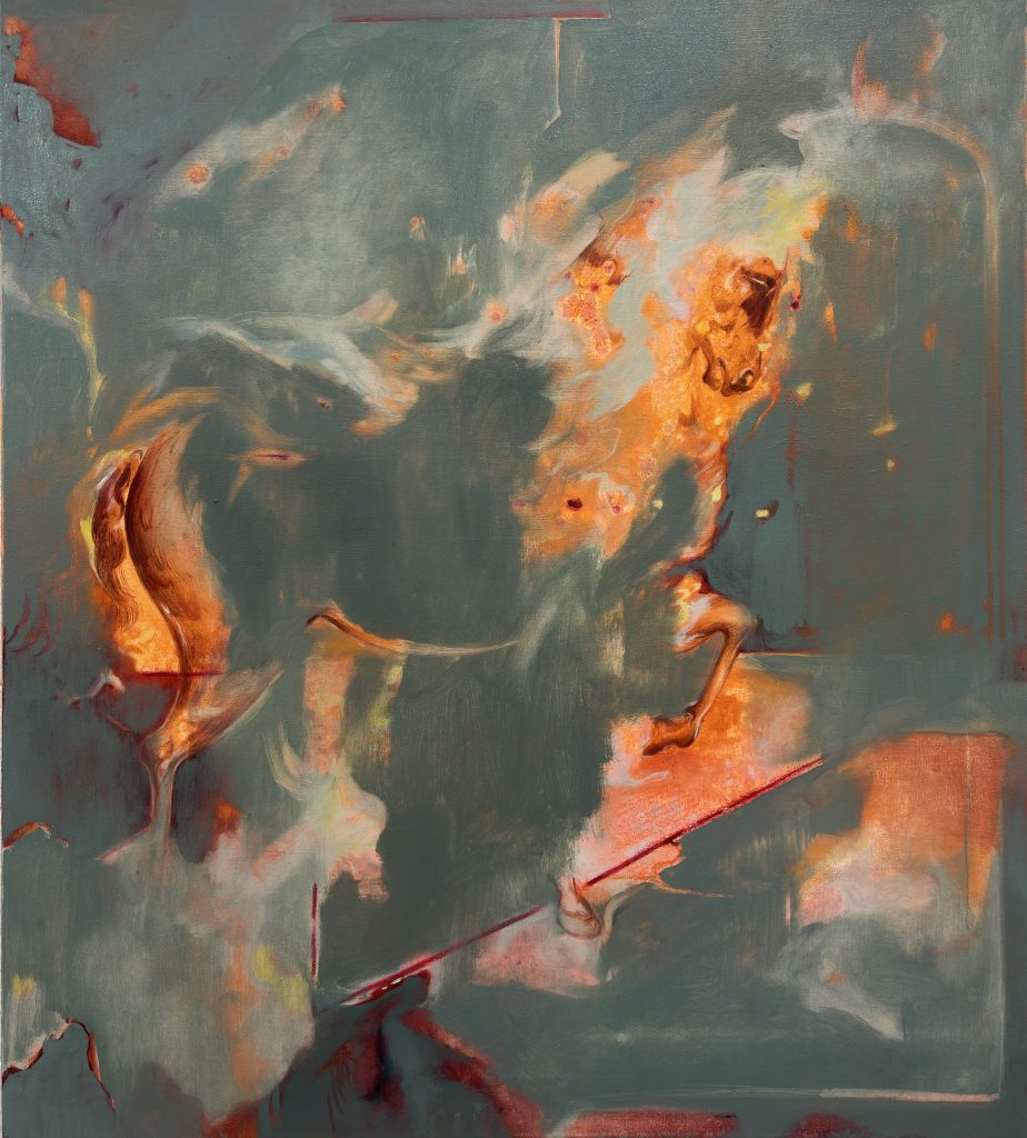 A painting of grey-blue with burning orange and red shapes emerging