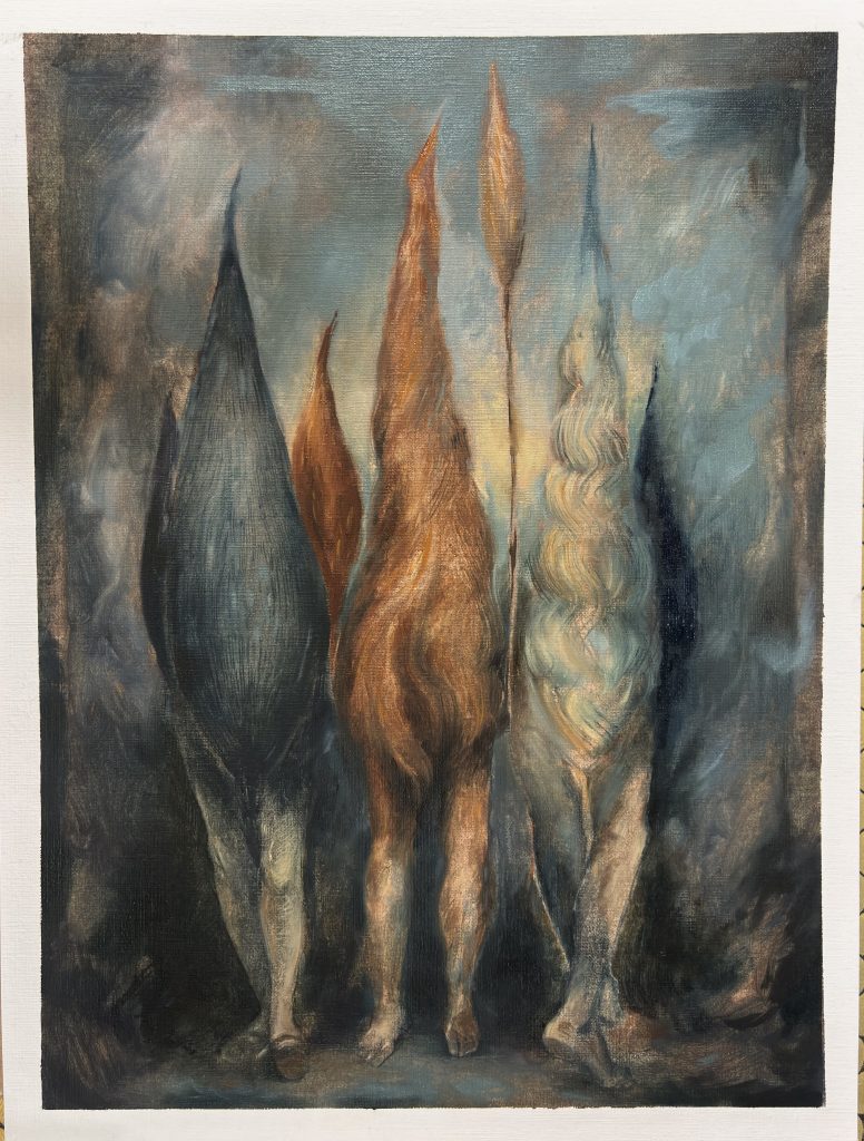A dark painting with three surreal treelike figures with human legs and feet