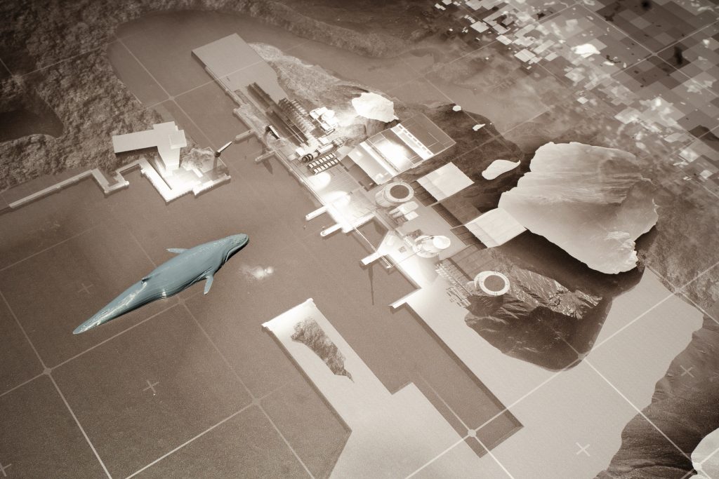 A greyscale cgi scene, seen from above, of a shoreline covered in industrial buildings with a huge whale approaching from the water