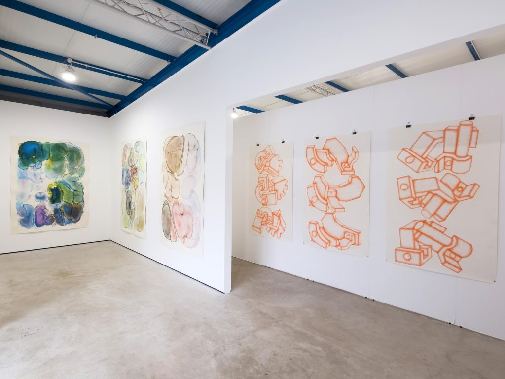 Two walls of large drawings, on the left multicoloured pools in watery colours, and on the right hard edged, mechanical looking red drawings