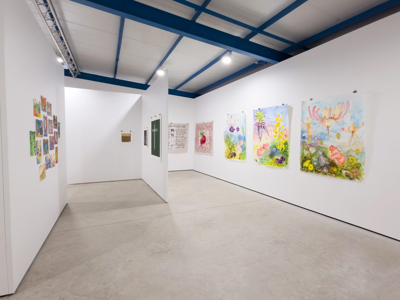 Corridors between the walls with, on the left, very small drawings and on the right large bright scenes of the natural world with flowers and shell