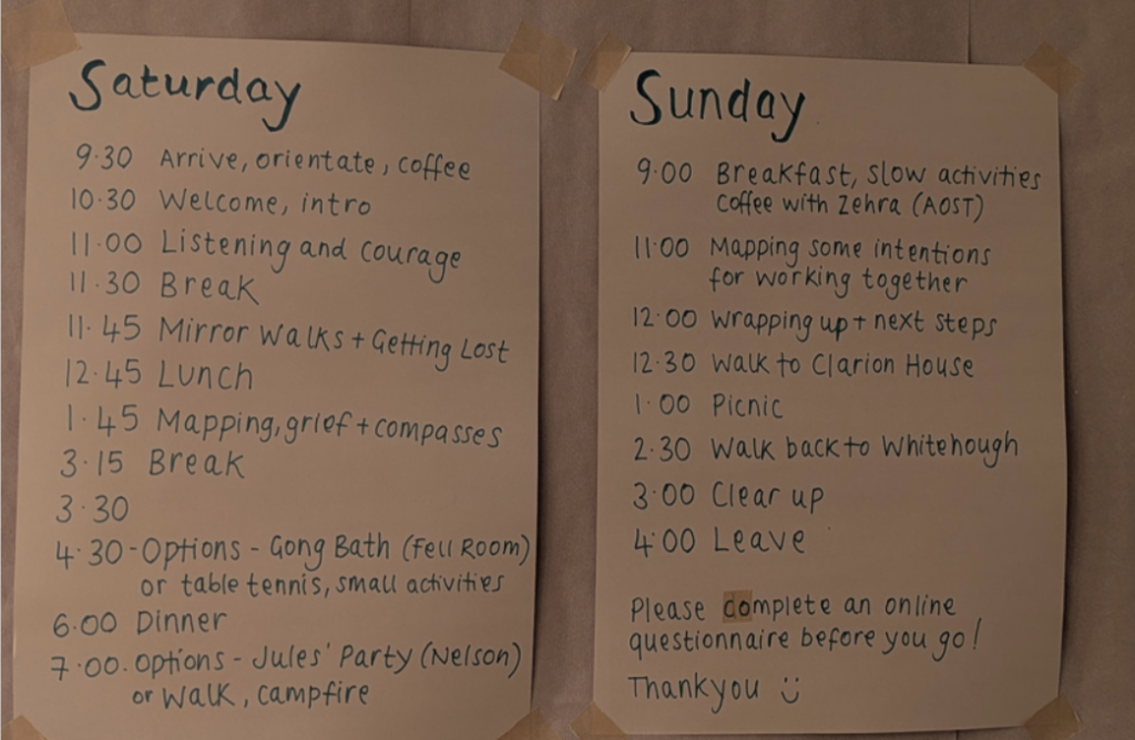 Two sheets of paper with a handwritten timetable for each day.