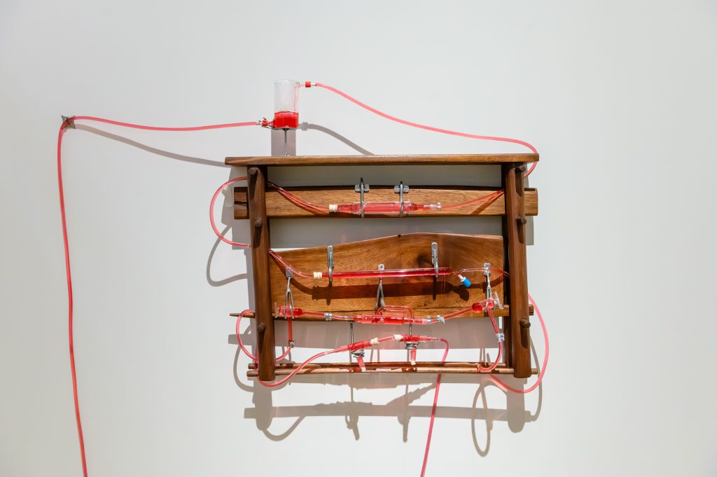 A wooden frame acts as a support structure for a plastic tube carrying a red liquid