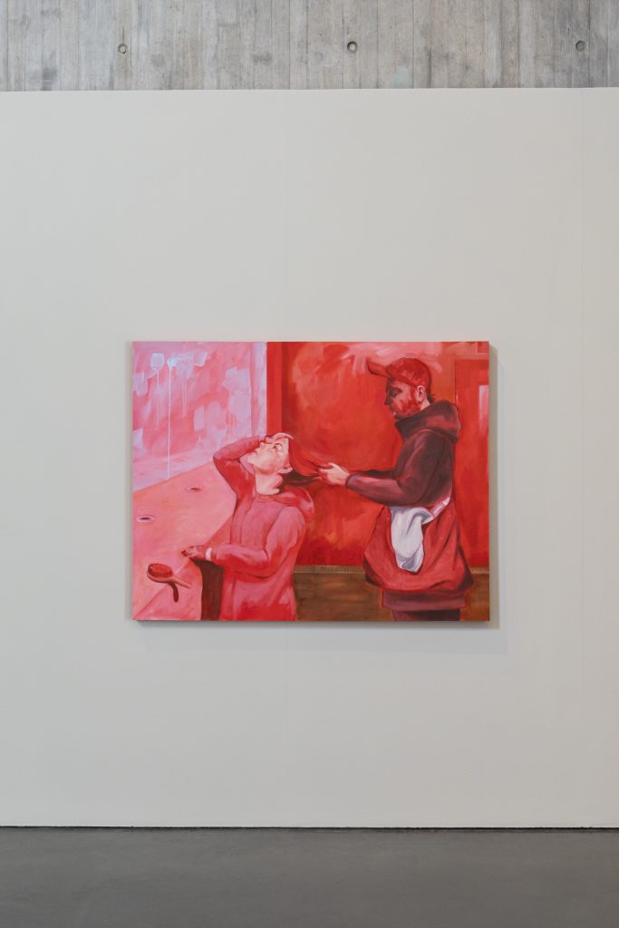 A large red painting depicts a man plaiting the hair of his daughter, he wears a red cap with a red bag, everything in the painting is a shade of red...