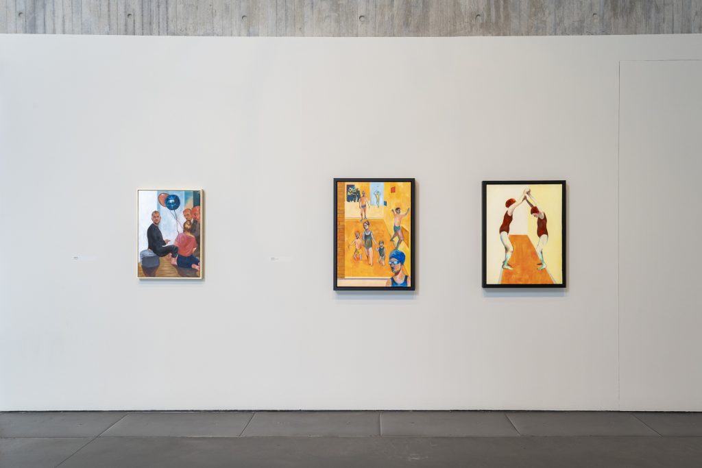 3 medium-sized paintings on a wall depict working class people doing mundane things, at a party, and a swimming pool