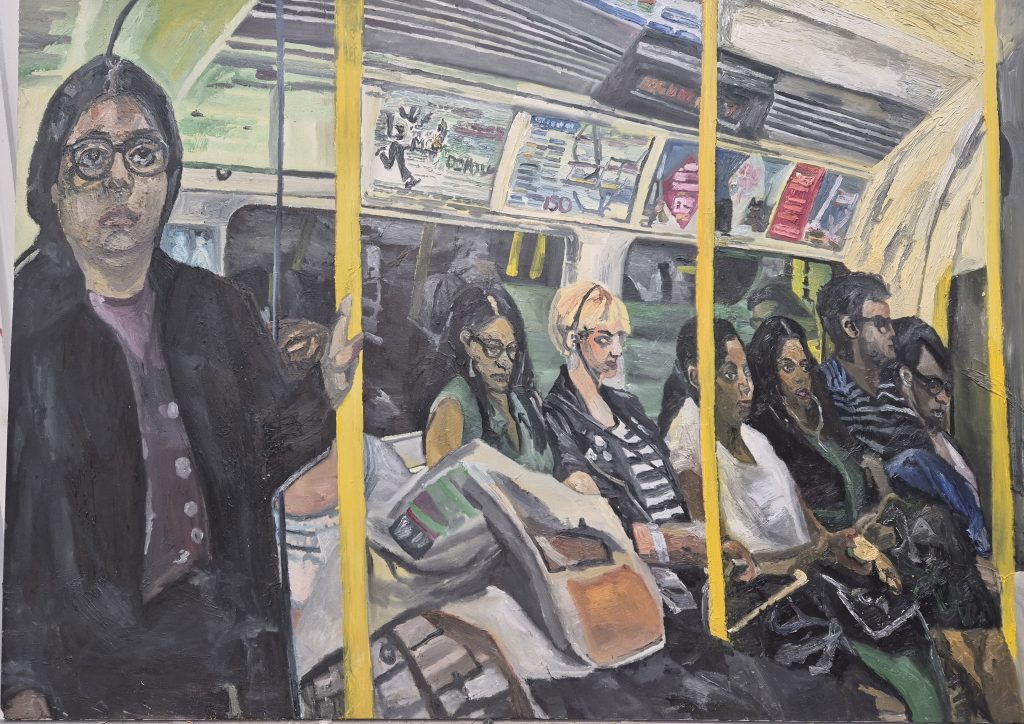 A painting of people inside the tube all looking down or straight ahead