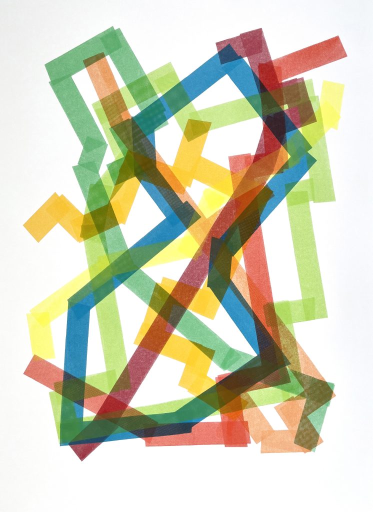 An image of multicoloured lines crossing and crisscrossing across a white background