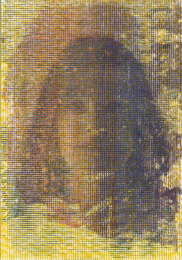 A pixelated portrait of a woman with long hair looking straight out of the image